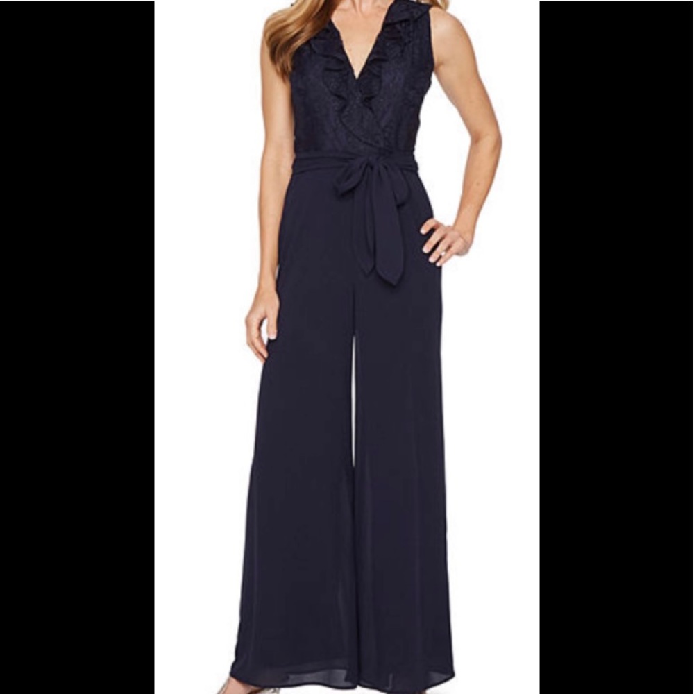 J Taylor Navy Belted Jumpsuit Pantsuit 16 NWOT